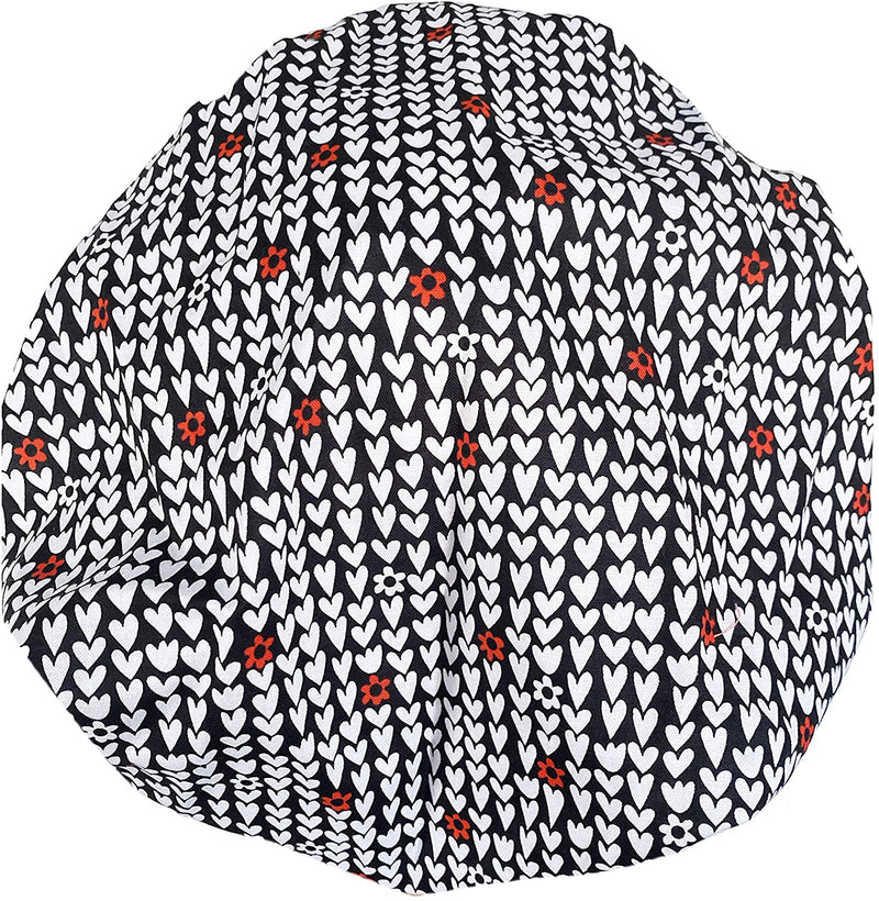 Banded Bouffant Black & Red Hearts of Love Scrub Cap Hat