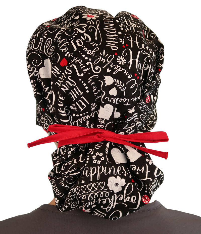 Red & Black Words of Happiness Bouffant Scrub Cap