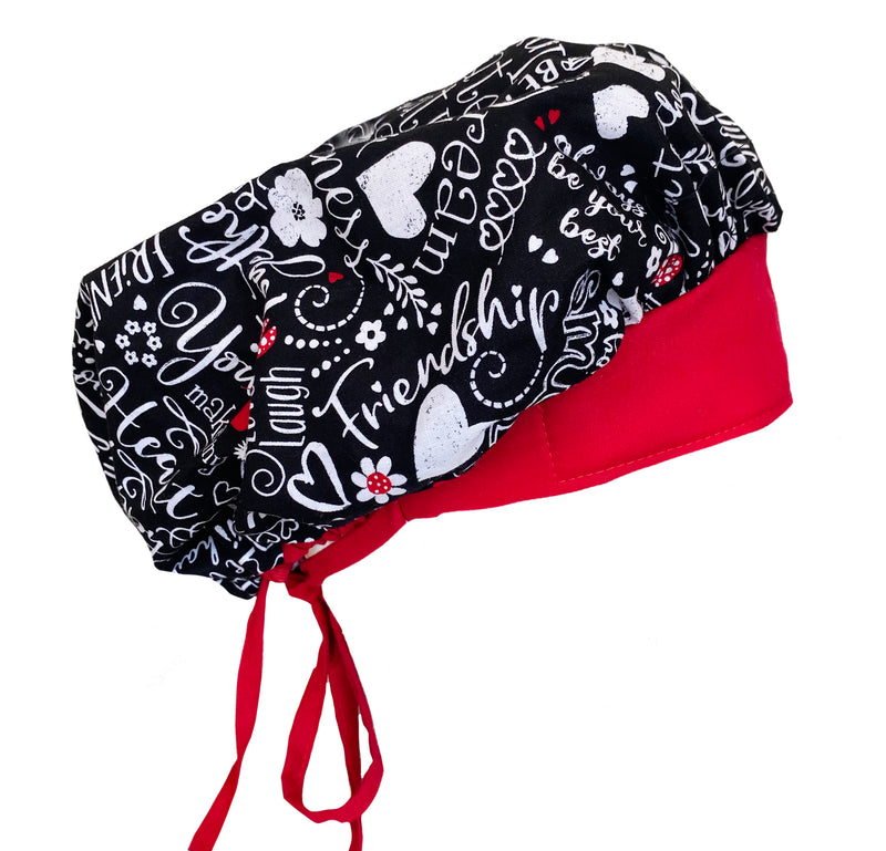 Red & Black Words of Happiness Bouffant Scrub Cap