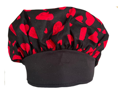 Banded Bouffant Sweet Red Hearts on Black Scrub Cap Hat