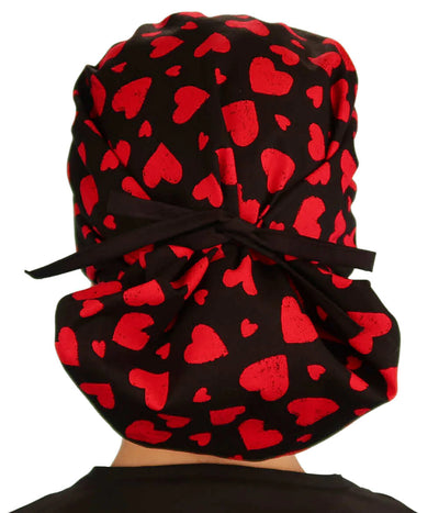 Banded Bouffant Sweet Red Hearts on Black Scrub Cap Hat