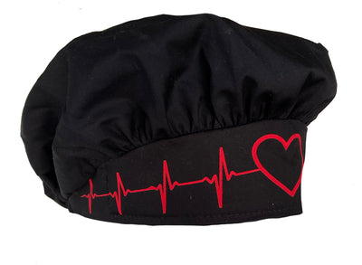 Banded Bouffant Black EKG Heart Scrub Cap Hat