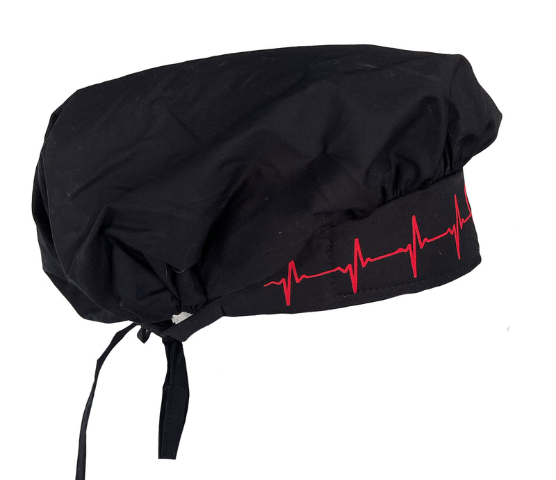Banded Bouffant Black EKG Heart Scrub Cap Hat
