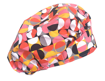 Banded Bouffant Retro Mod Geometric Pink Coral Circles Scrub Cap Hat