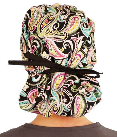 Banded Bouffant Elegant Paisley Swirls Black Scrub Cap Hat