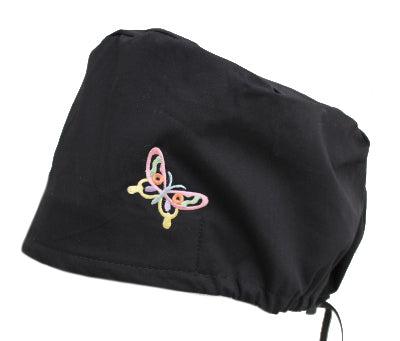 Cord Lock Solid Black Butterfly Bouffant Scrub Cap Hat