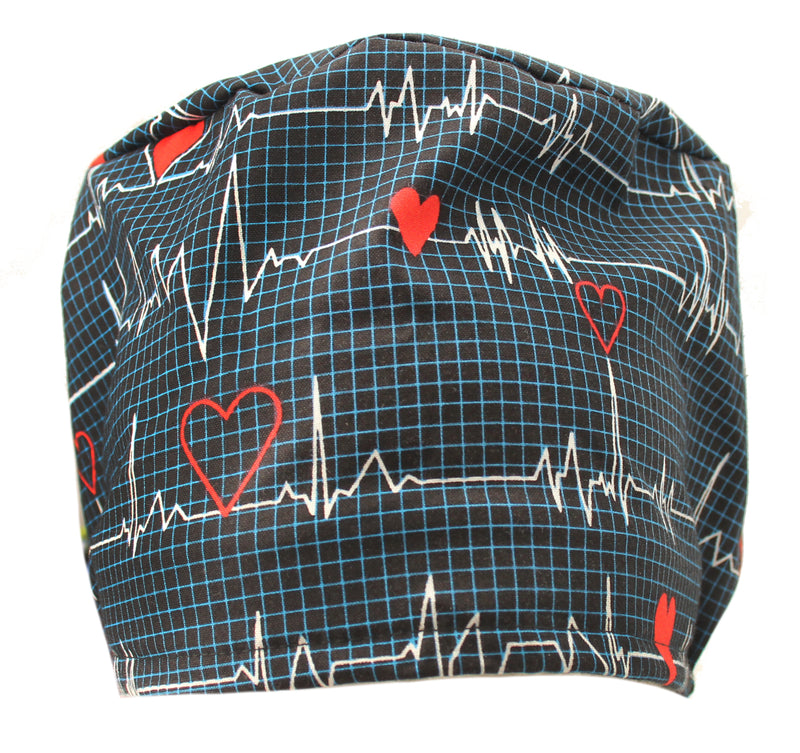 Cord Lock Bouffant Navy Blue Heart Beat EKG Scrub Cap