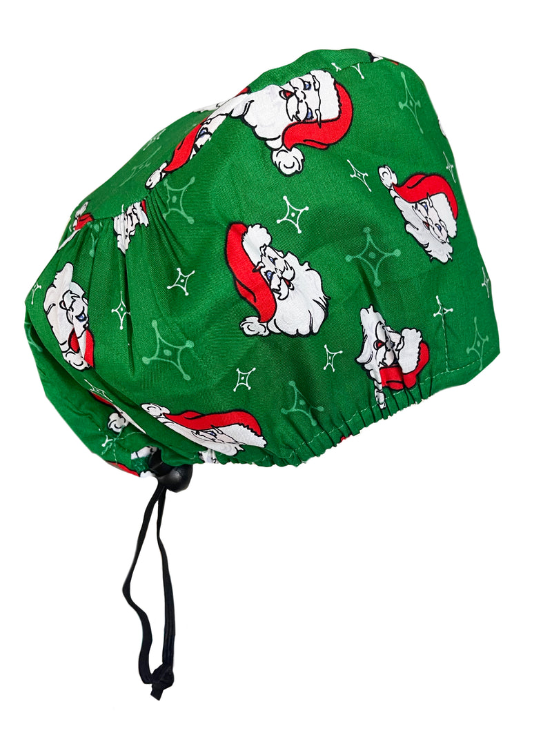 Bouffant Holiday Christmas Jolly Santa Green Scrub Cap Hat Cord Lock