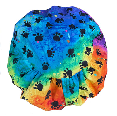 Cord Lock Rainbow Dog Paw Prints Tie Dye Bouffant Scrub Cap Hat