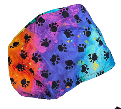 Cord Lock Rainbow Dog Paw Prints Tie Dye Bouffant Scrub Cap Hat