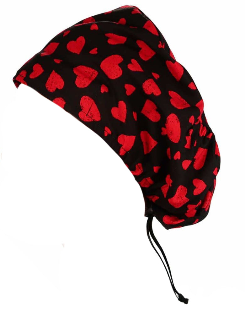 Cord Lock Bouffant Red Sweet Hearts on Black Scrub Cap Hat