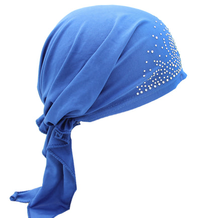 Blue Stretchy Rhinestone Head Scarf Ruffle Wrap Turban for Cancer Chemo Cap