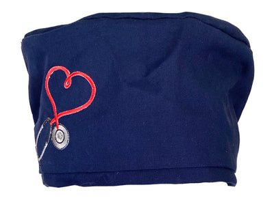 Big Hair Bouffant Navy Blue with Heart Stethoscope Scrub Cap