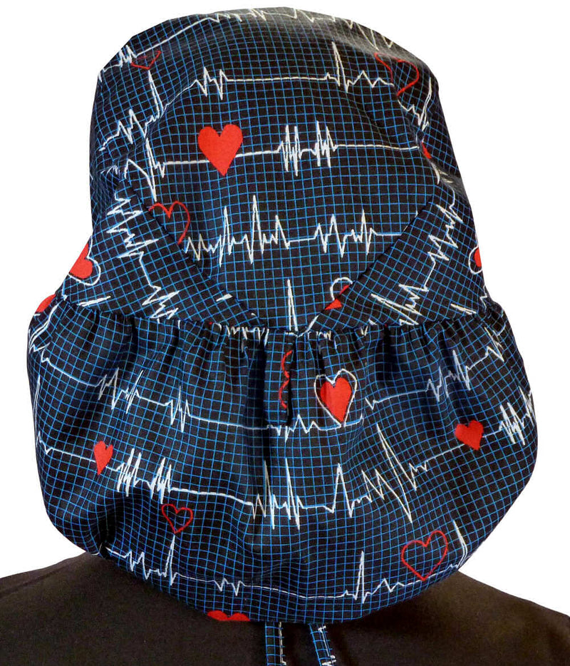 Big Hair Bouffant Navy Blue Heart Beat EKG Scrub Cap