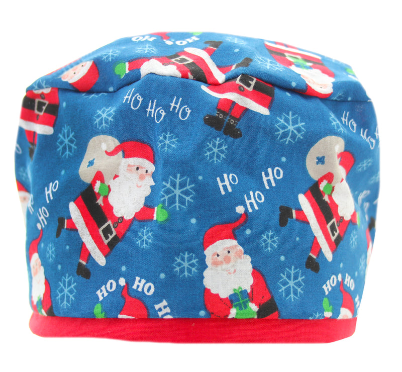 Extra Room Holiday Santa Ho Ho Ho Blue Bouffant Scrub Cap Hat