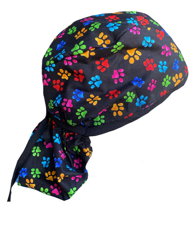 Extra Room Bouffant Colorful Little Dog Paw Prints Black Scrub Cap Hat