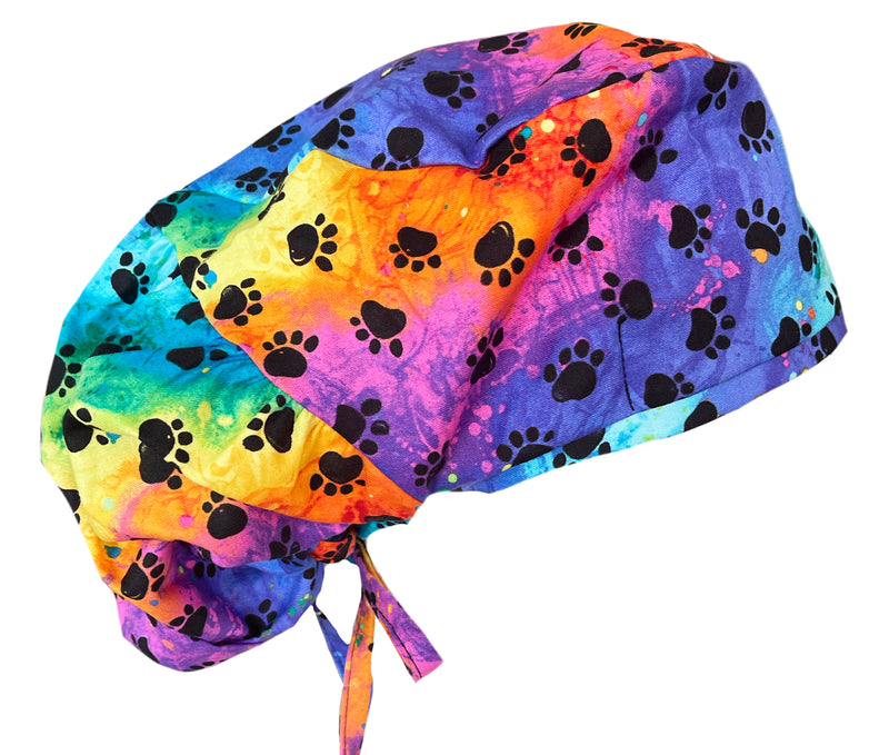 Extra Room Bouffant Rainbow Dog Paw Prints Tie Dye Scrub Cap Hat