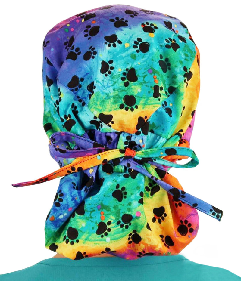 Extra Room Bouffant Rainbow Dog Paw Prints Tie Dye Scrub Cap Hat