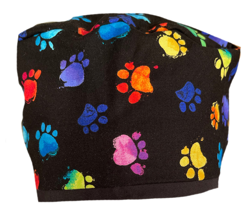 Extra Room Black Bouffant Tie Dye Dog Paw Print Scrub Cap Hat