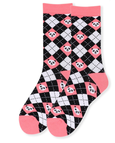 Women's Pink & Black Argyle Panda Socks