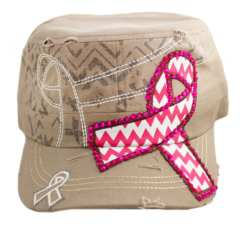 Beige Tan Breast Cancer Awareness Chevron Pink Ribbon Cadet Cap Hat