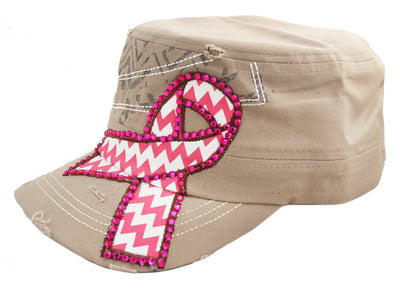 Beige Tan Breast Cancer Awareness Chevron Pink Ribbon Cadet Cap Hat