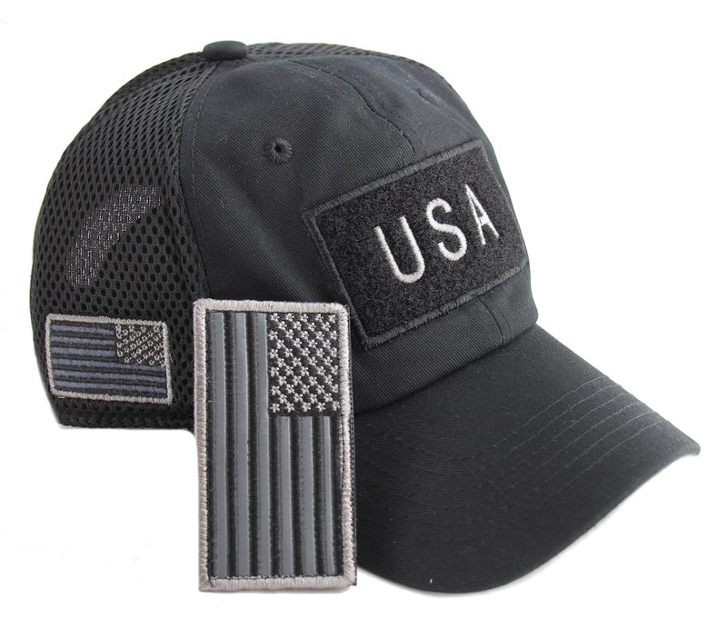 Black USA Mesh Flag Baseball Cap Removable Patch