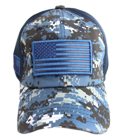 Blue Camo USA Mesh Flag Baseball Cap Removable Patch