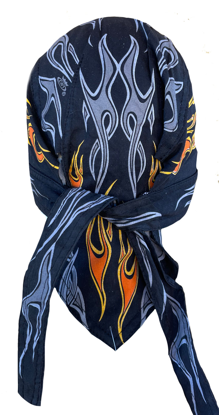 Smart Range Real Lambskin Leather Bandana For Men – Black & Blue Flames, Pre-Tied Motorcycle Zandana