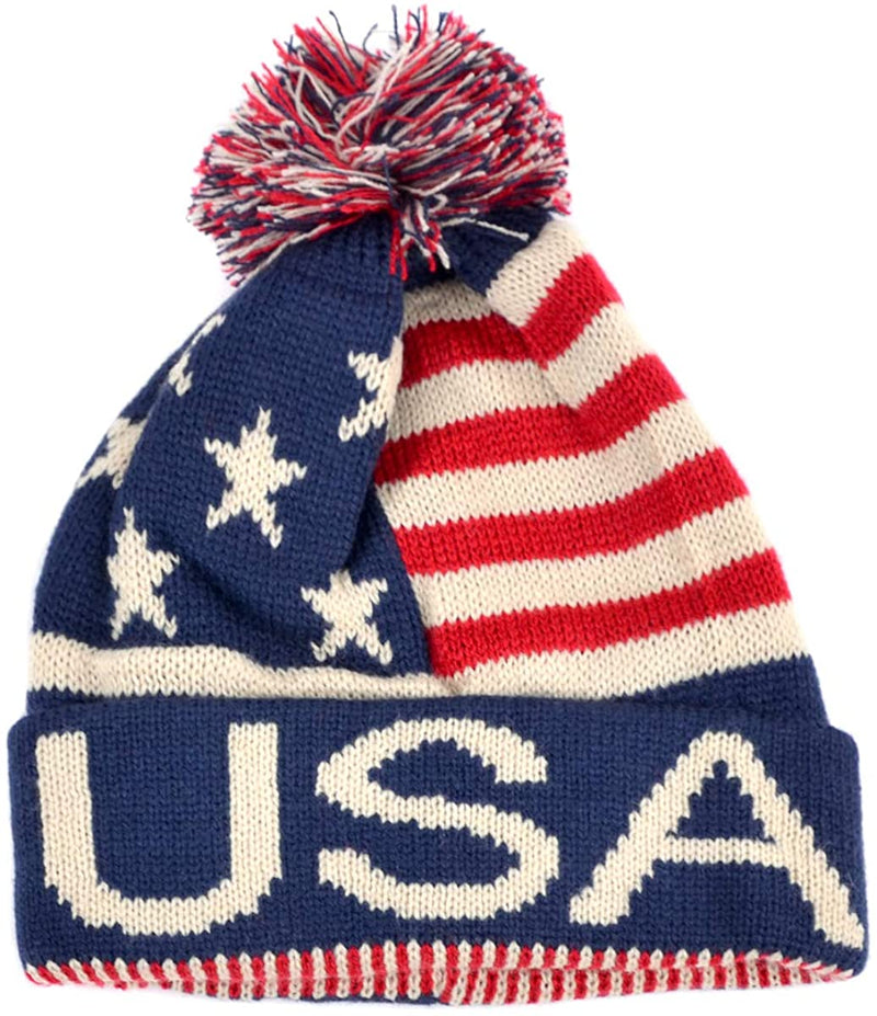 USA Flag Stars & Stripes Knit Cuffed Beanie with Pom Pom