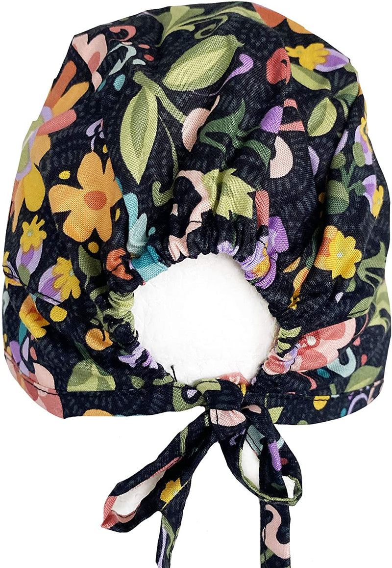 Black Vibrant Flower Power Scrub Cap Hat