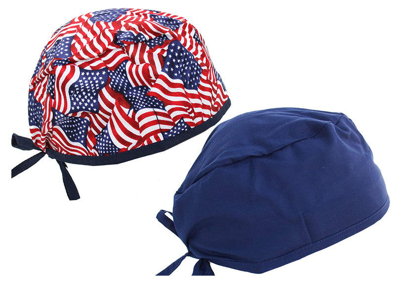 USA Flag Set & Navy Blue Scrub Cap Hat Set
